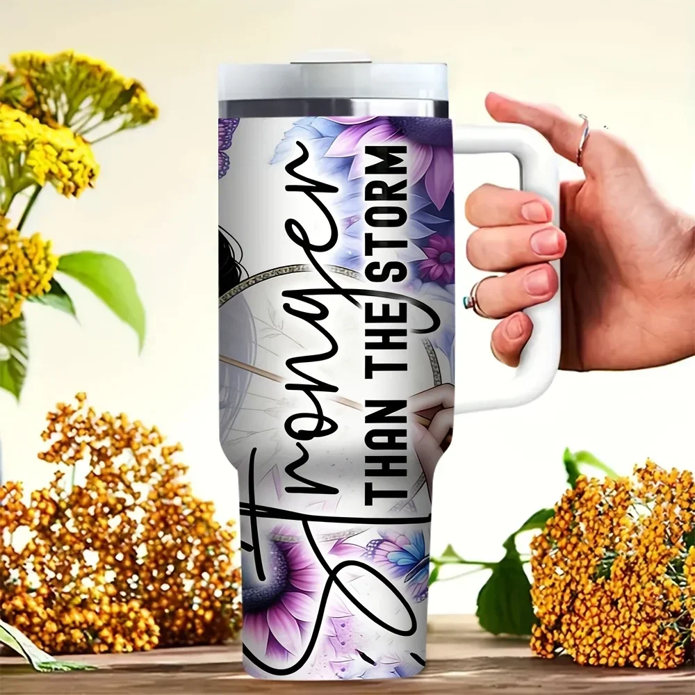 40Oz Tumbler with Handle Printed with Stylish Lady Flower Butterfly And Inspirational Quote, Fits Both Hot And Cold Drinks, Perfect for Women'S Daily Use Outdoor Travel Camping And Leisure Activities