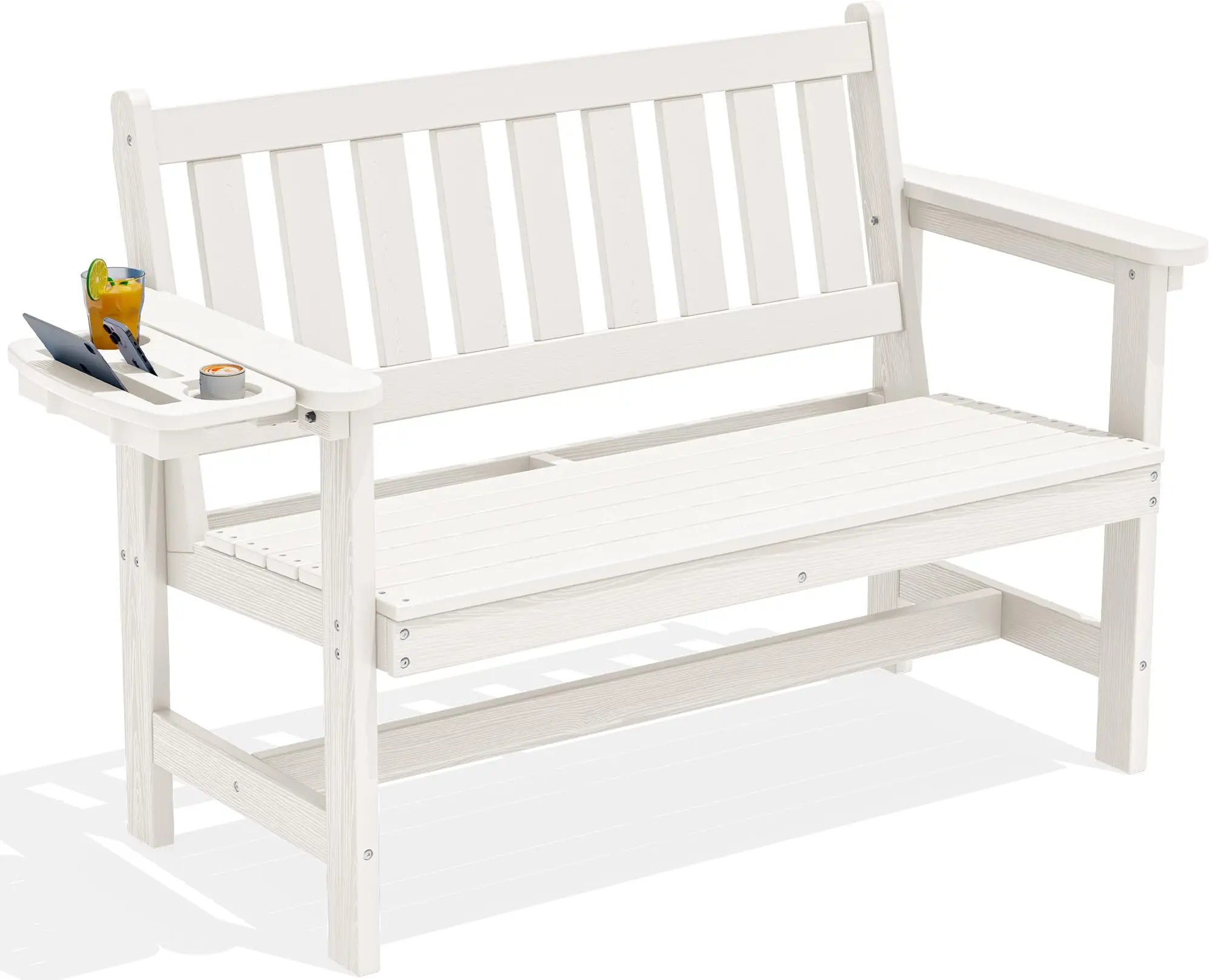 HDPE Outdoor Bench with Foldable Cup Holder, 1 Pack, Black