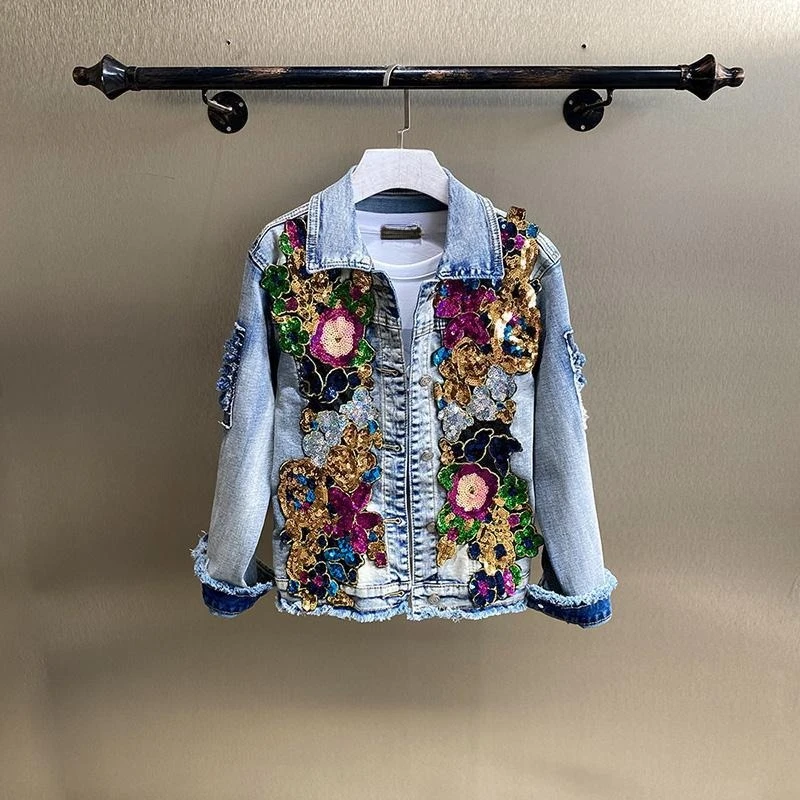

Autumn Flowers Sequins Appliques Slim Jeans Jacket Retro Diamonds Embedding Embroidery Personality Fashion Denim Coat