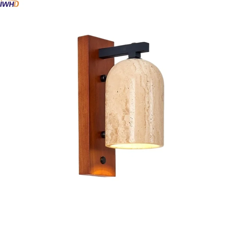 

IWHD Japanese Wooden LED Wall Lamps Indoor Switch E27 Bulb Yellow Travertine Kitchen Bathroom Mirror Light Fixture Wandleuchte