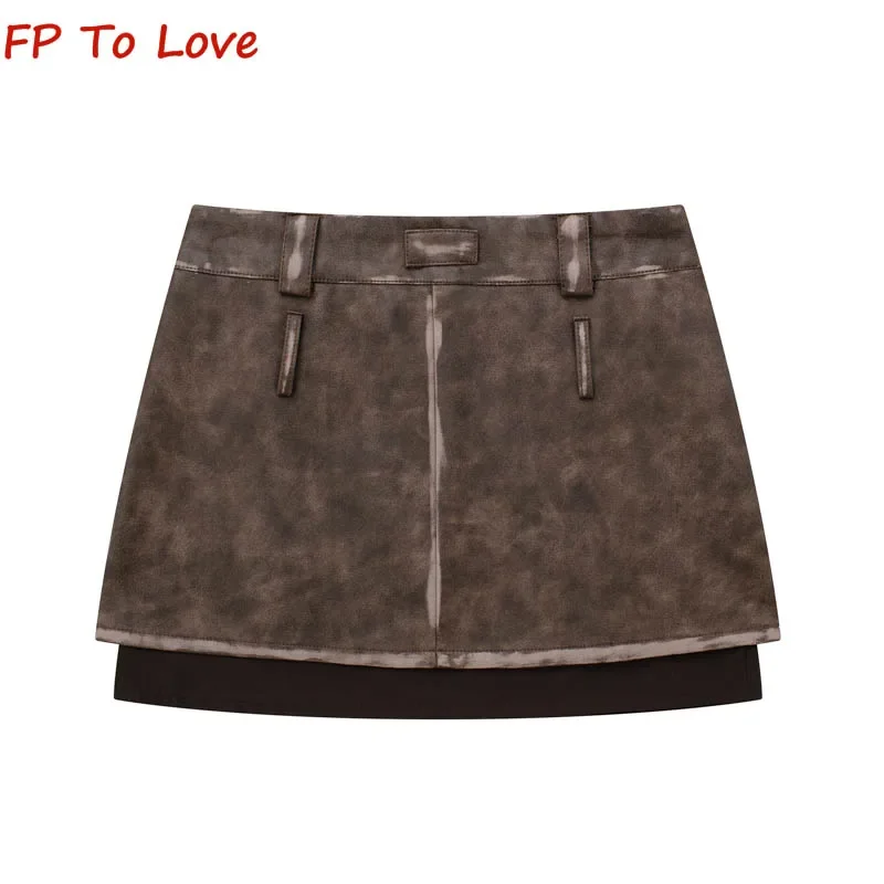 2023 Spice Girls Style Rubbed Color Leather Skirt Coffee Autumn Black Vintage Splicing High Waist A-Line Mini Skirt