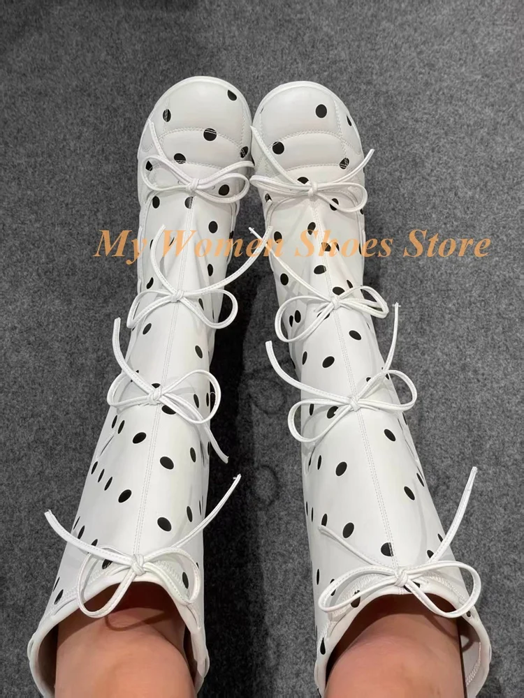 Polka Dot Lace Up Knee High Boots Round Toe Strange Style Thin High Heel Runway 2026 Summer Spring Women Dress Shoes White Black