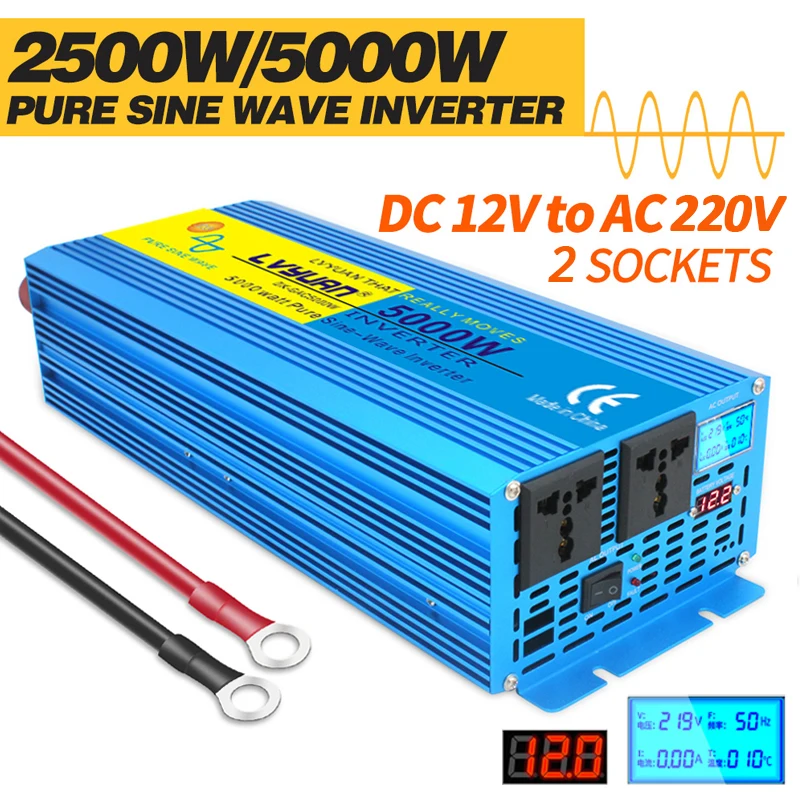 5000W DC 12V/24V To AC 220V 50Hz/60Hz Pure Sine Wave Power Inverter LCD&LED Display Dual USB Universal/US/EU Socket Converter