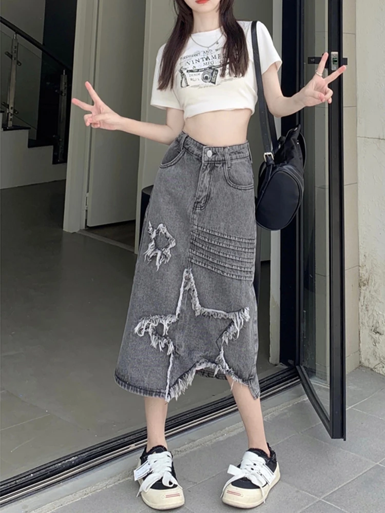 Women Star Denim Skirt Y2k A-Line Skirts Harajuku Korean Vintage 90s Aesthetic Long Jeans Skirt 2000s Trashy Clothes Summer 2024