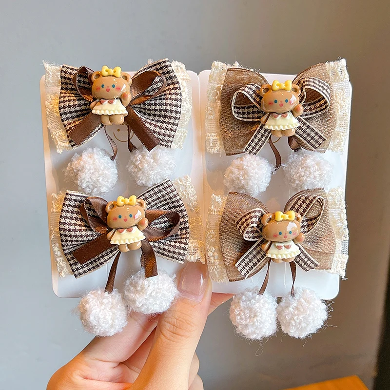 2Pcs/Set New Children Classic Bear Brown Bowknot Ornament Hair Clips Baby Girls Cartoon Barrettes Hairpins Kids Hair Accessories