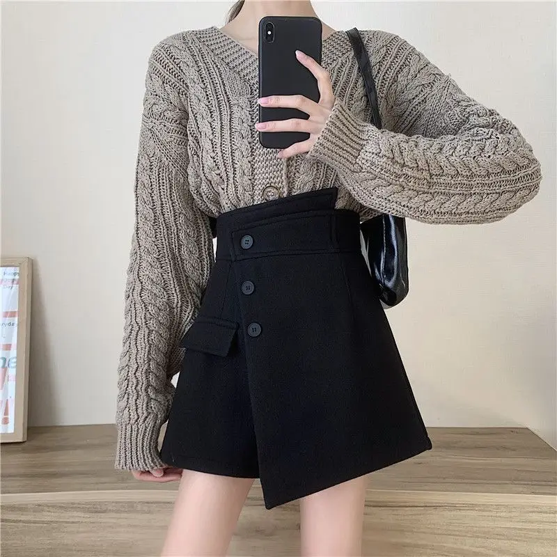 

Юбка с высокой талией и широкими штанинами, осенне-зимняя, новая модель, шерстяная, А-силуэт, для полных женщин, модная верхняя одежда