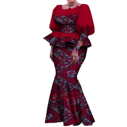 Traditional African Women Skirt Suit Pleated Top and Ankle Length Skirt Lovely Lady Plus Size Female Autumn Skirt Set WY7907