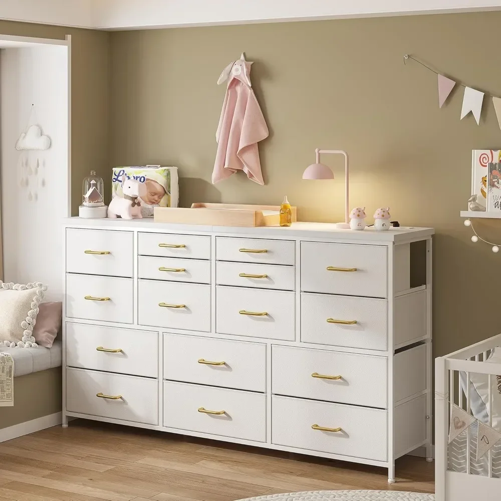Dresser TV Stand with Power Outlet & USB White Dresser for Bedroom with 16 Drawers TV Stands for Living Room TV image 6