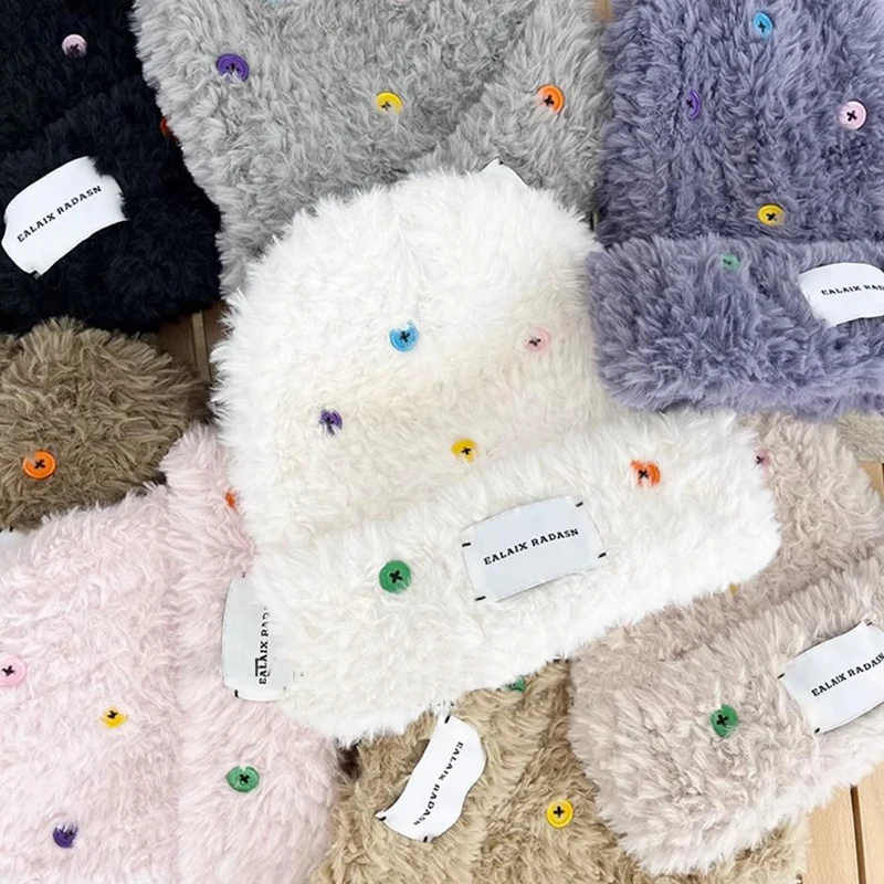 

Women Button Knitted Hat Winter Warm Fluffy Fur Hats for Female Soft Plush Outdoor Snow Warm Benines Ear Protection Bucket Cap