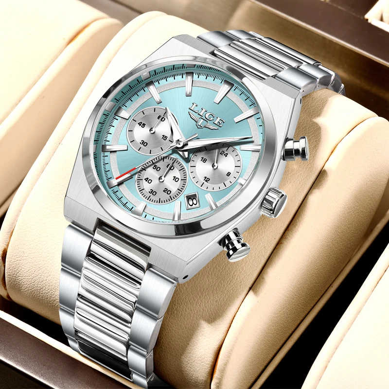 LIGE Luxury Man Quartz Watch Sport Military Watch For Men Waterproof Luminous Date Chronograph Stainless Steel Men's Watches+Box