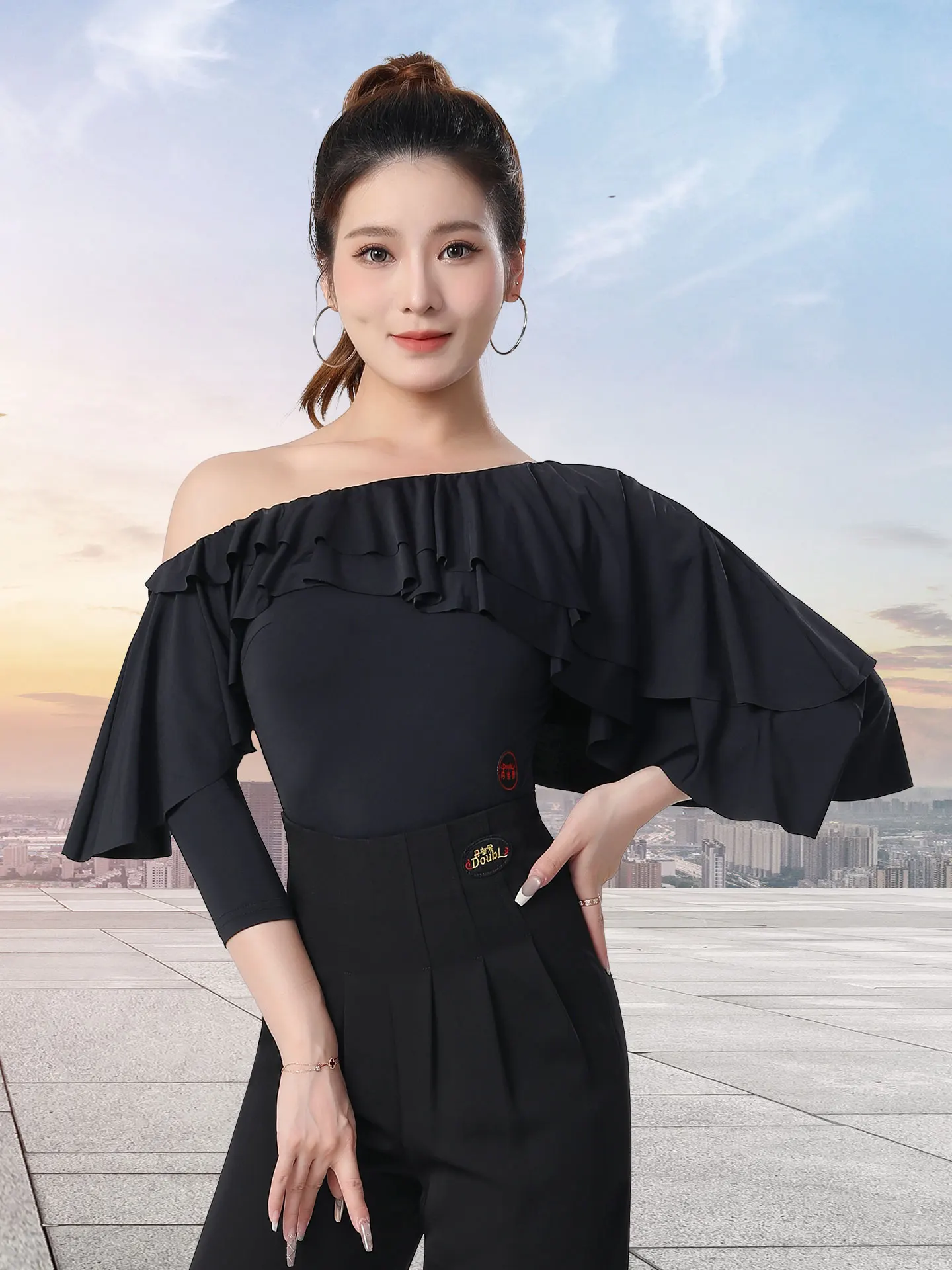 modern-dance-women's-top-danbao-luo-social-dance-costume-black-cha-cha-dance-wear-women's-lace-trim-dance-suit-summer-thin-po