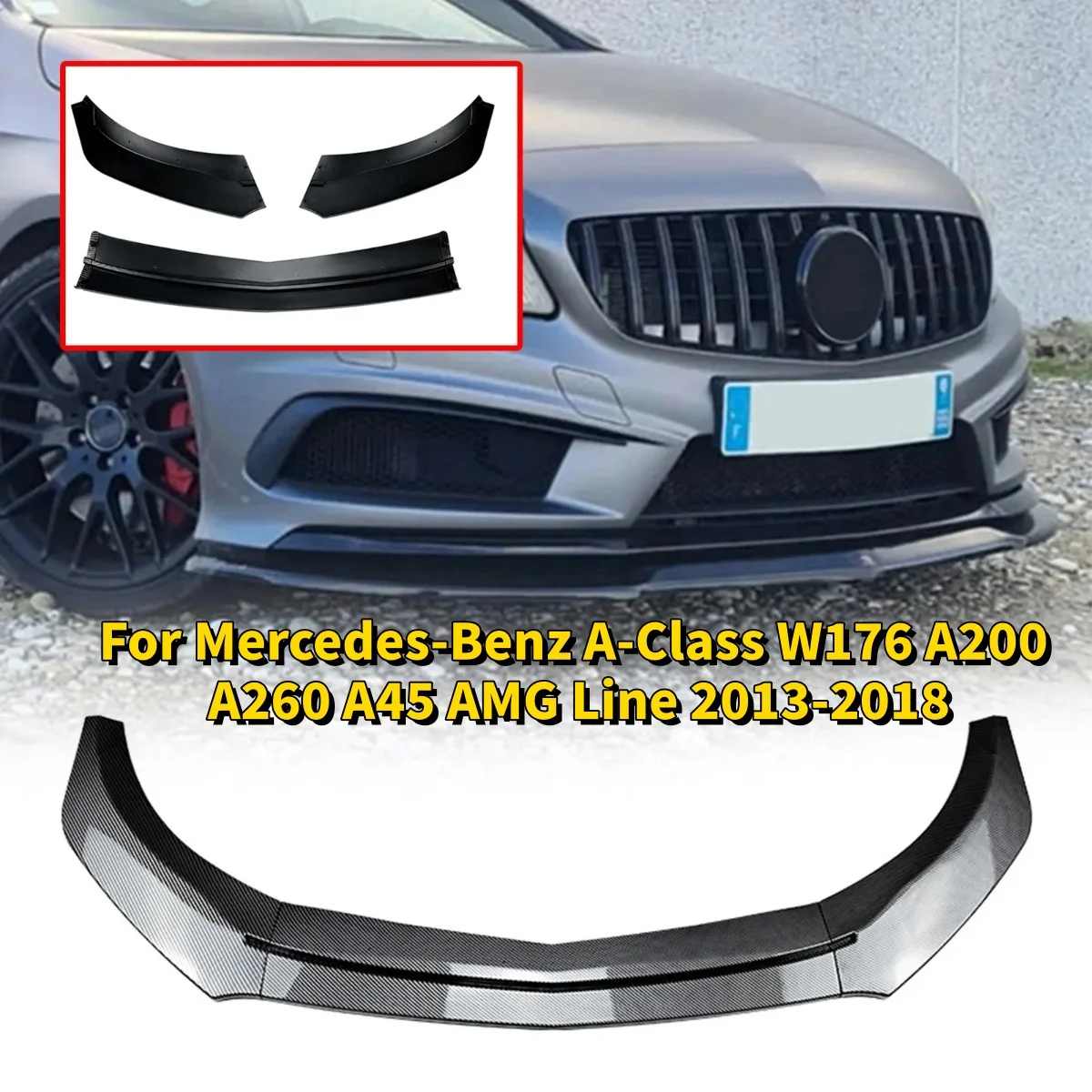 

Carbon Look Front Lip Splitter Car Exterior Upgrade Accessory For Mercedes-Benz A-Class W176 A200 A260 A45 AMG Line 2013-2018