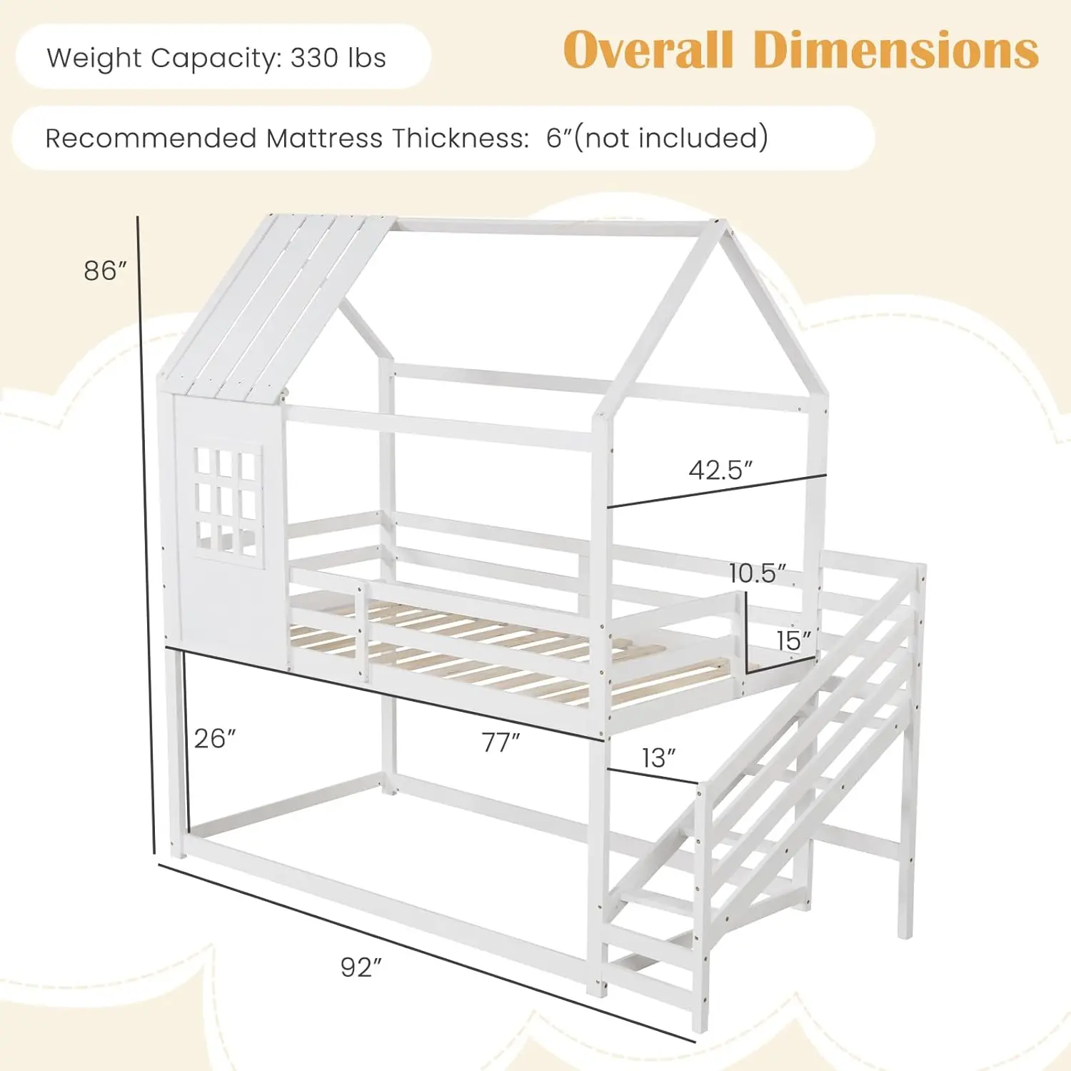 Twin Bunk Beds with Stairs, Floor House Bed W/Roof & Window, Length Guardrails & Steps, Space-Saving House Bed for Kids, White