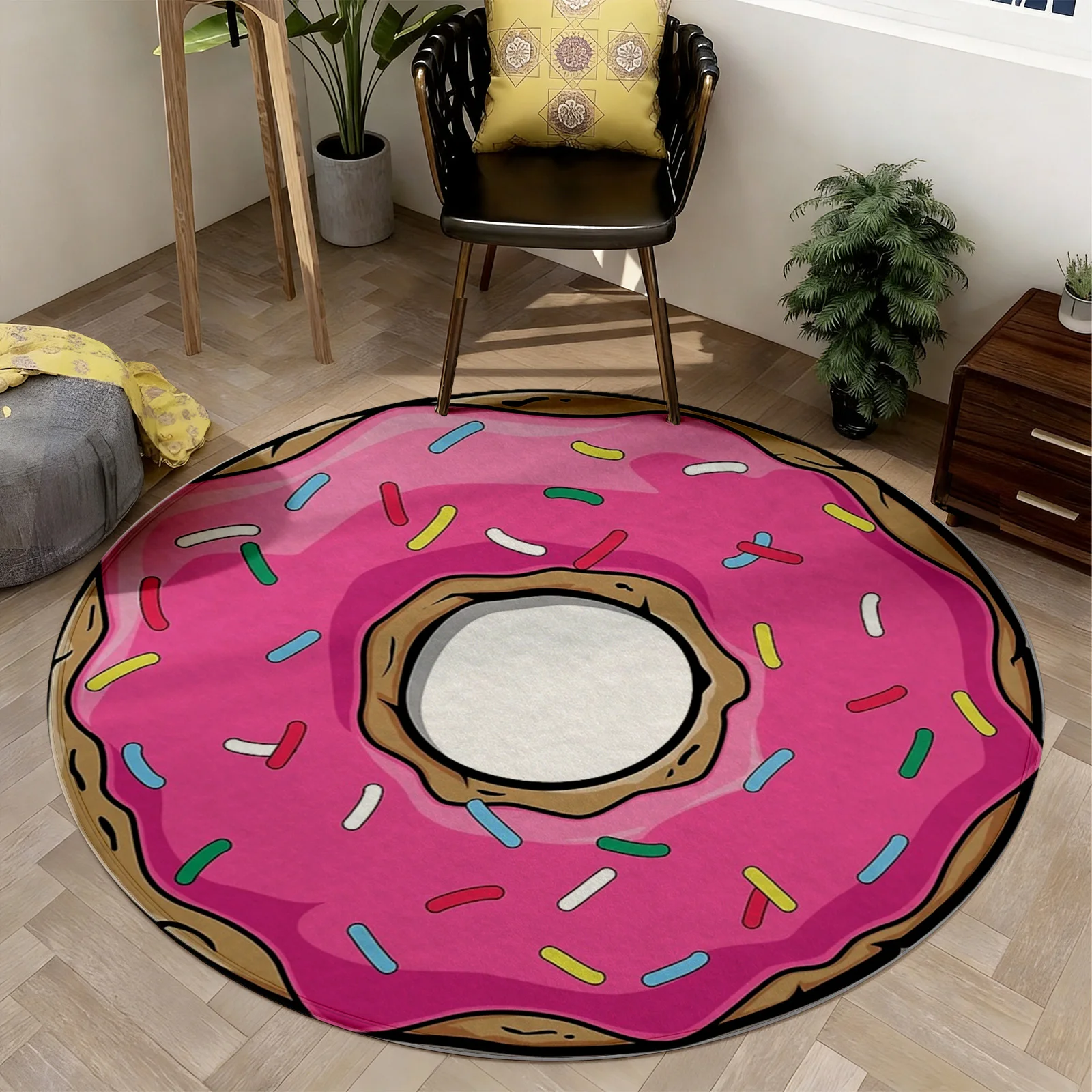 Whimsical Donut Pattern Pink Round Area Rug Cute Decorative Mat for Living Room Nursery Bedroom Kids Home Decor Accessories