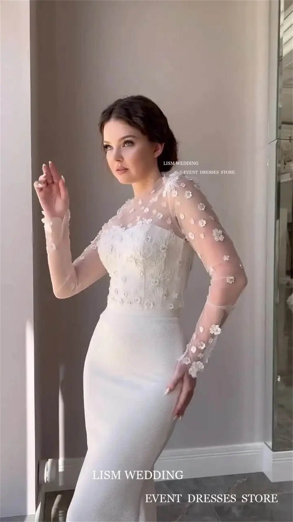 LISM 2024 Elegant Lace Wedding Dresses 3D Flowers O-Neck Full Sleeves Floor Length Jacket Mermaid Bridal Gowns Vestido de noiva