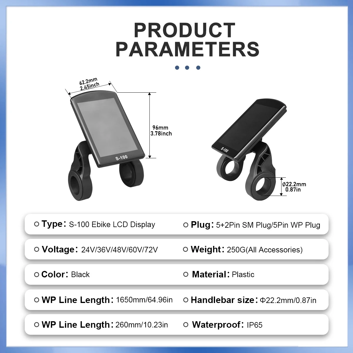 

36V-72V Electric Bike LCD S-100 Color Display with UART 2 Communication for Electric Bike accessory with SM/Waterproof Connector