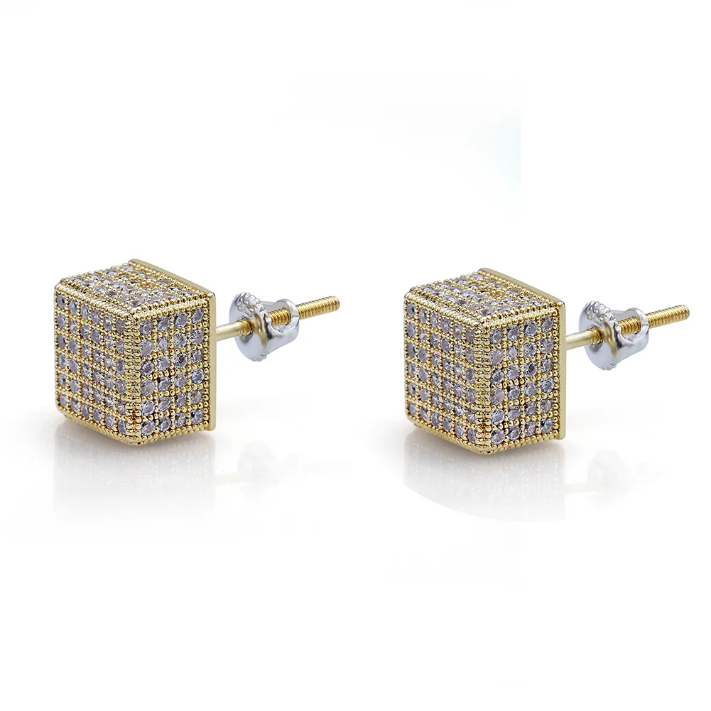 TOPGRILLZ Gold Silver Color Iced Out Cubic Zircon 8mm Square Stud Earring Men Women Trend Jewelry Gifts With Screw Back Buckle