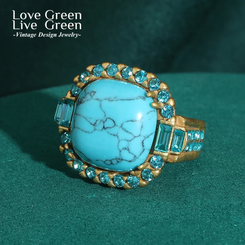

Bohemian Jewelry Vintage Turquoise Ring Woman Blue Rhinestones Golld Color Luxury Quality Designer Antique Accessories 2025 New