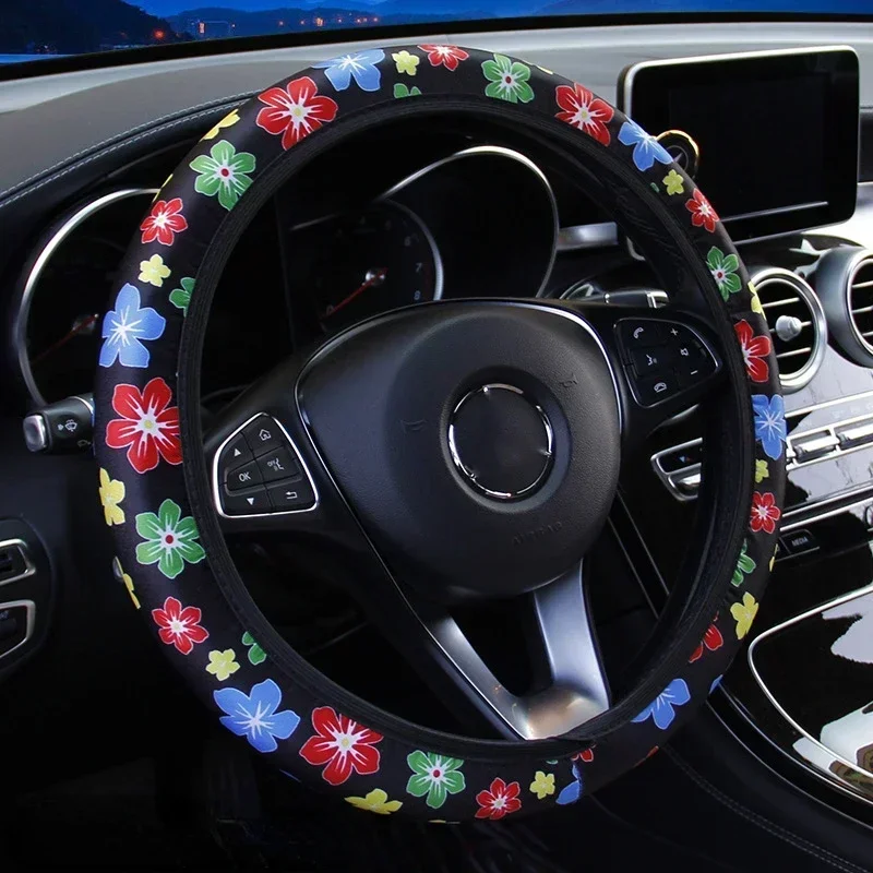 38cm Car Steering Wheel Cover Flowers Print Anti-slip Universal Auto Steering Wheel Protector Interior Accessories