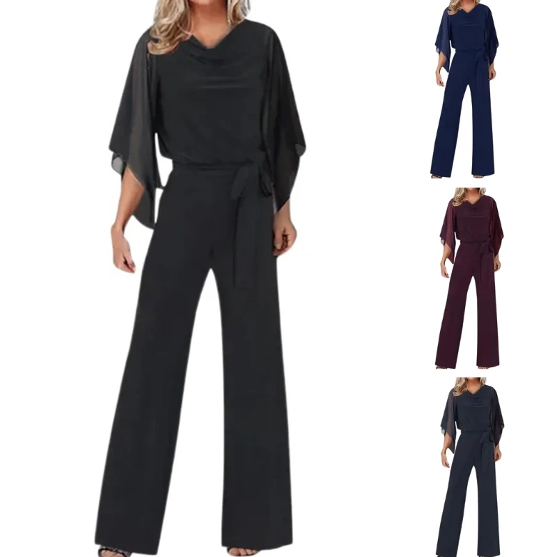 

Women Wedding Party Belted Tie Waist Wide Leg Long Jumpsuit Summer Casual Flared 3/4 Sleeve Cowl Neck Overall Romper