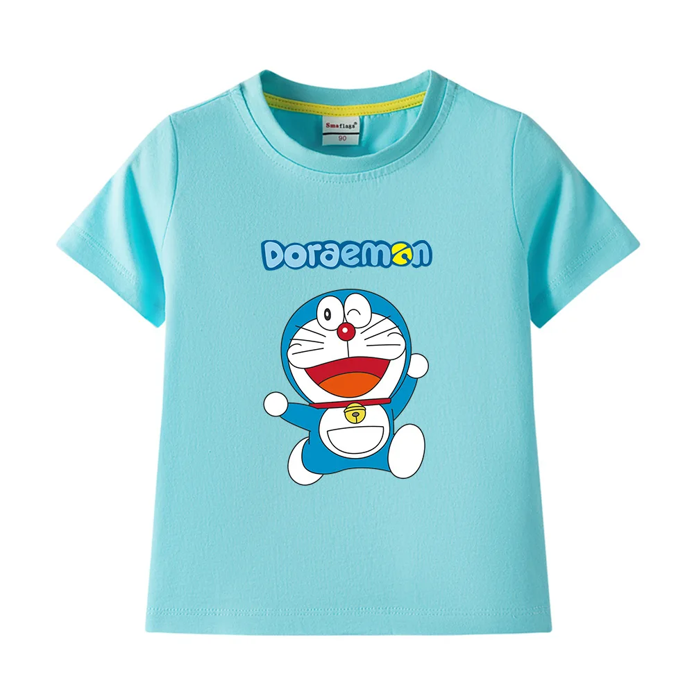 Doraemon Kids Clothes Boys Cartoon Print Children\'s Short Sleeved T-shirt Summer Leisure O-Neck Pure Cotton Kawaii Girls Tops