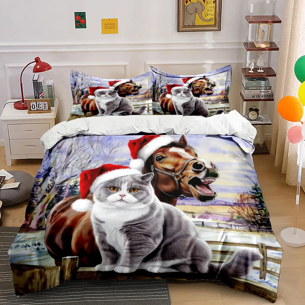 A cat and a horse joyfully wearing Santa hats Print Duvet Cover Bedding Set Included 1*Duvet Cover 2*Pillowcases
