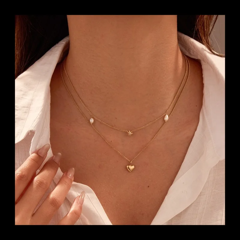 

Летний новый продукт Love Diamond-set Design Двухслойное ожерелье из нержавеющей стали Простая и модная цепочка на шею