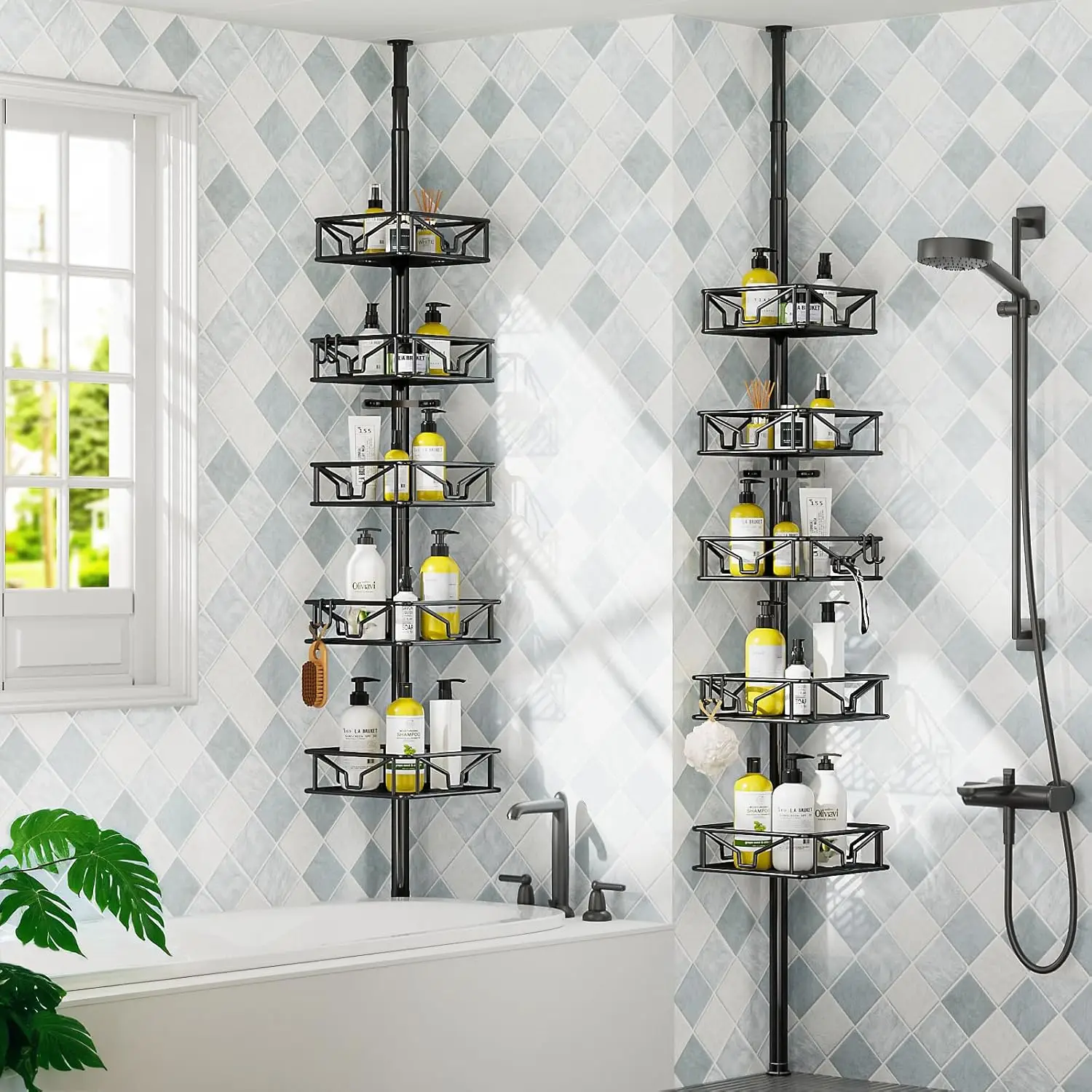 Skycarper 5 Tier Adjustable Corner Shower Caddy Organizer with Hooks,Rustproof Tension Pole 62-116 Inch, Black