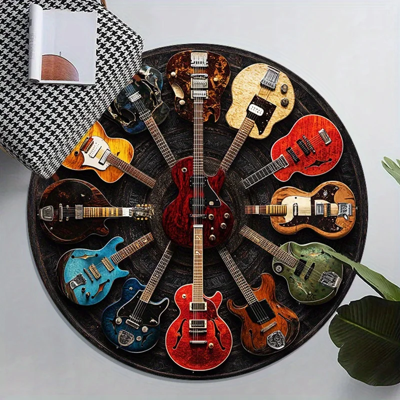 Retro Colorful Guitar Round Rug – Non-Slip Washable Mat for Living Room, Bedroom & Chair – Christmas Gift Home Decor