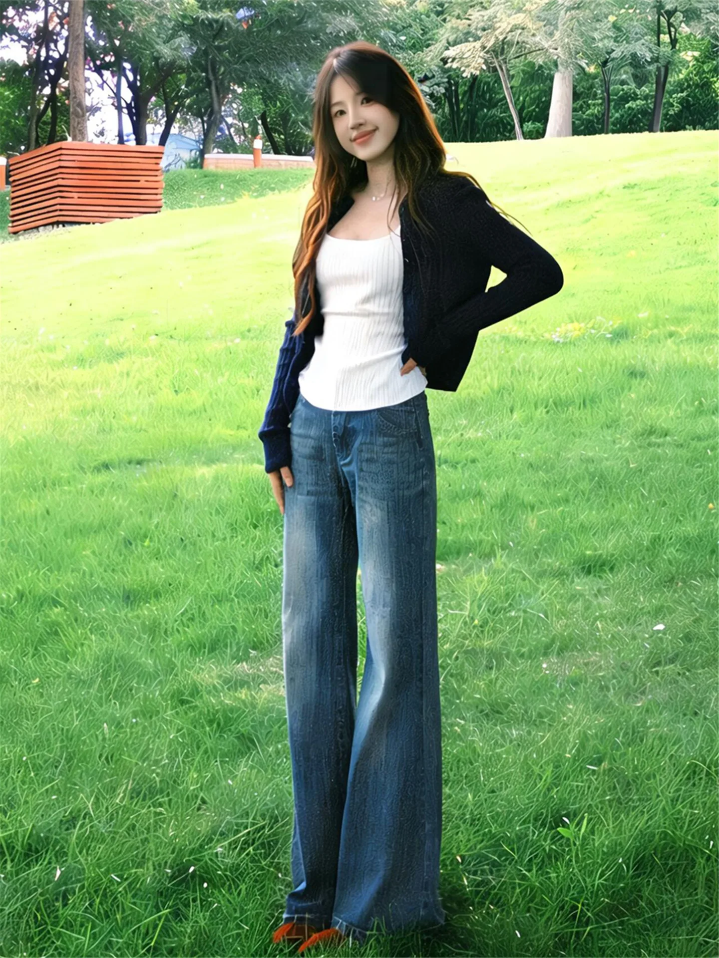 

Retro American Heavyweight Bamboo Low Waist Slim Straight Leg Denim Jeans Women's Spring Summer Loose Drapey Wide Leg Floor-L...