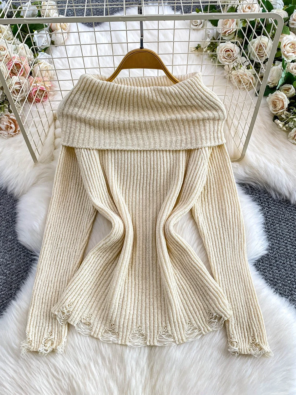 

Faionable Small Size High-End Feel Knitted One-oulder Women's Winter Worn-look Slimming Base Layer Knit Sweater