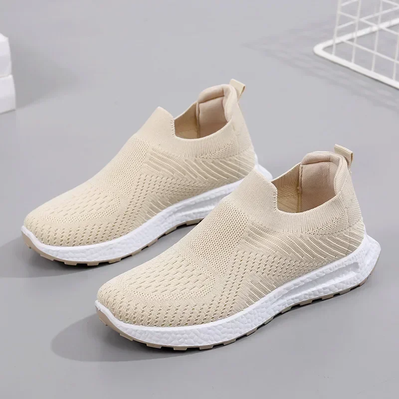 Women\'s Casual Vulcanized Shoes Fashion Mesh Elastic Knitted Sneakers Women Flat Ladies Slip on Female Footwear Feminino Zapatos