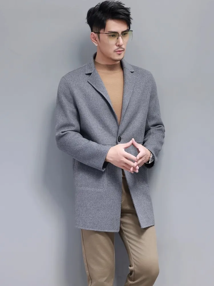 Business Men Work One Button Double Side 100% Wool Mid Long Jacket Slim Fit Woolen Blends Coat Autumn Winter Soft Sheep Fur Coat