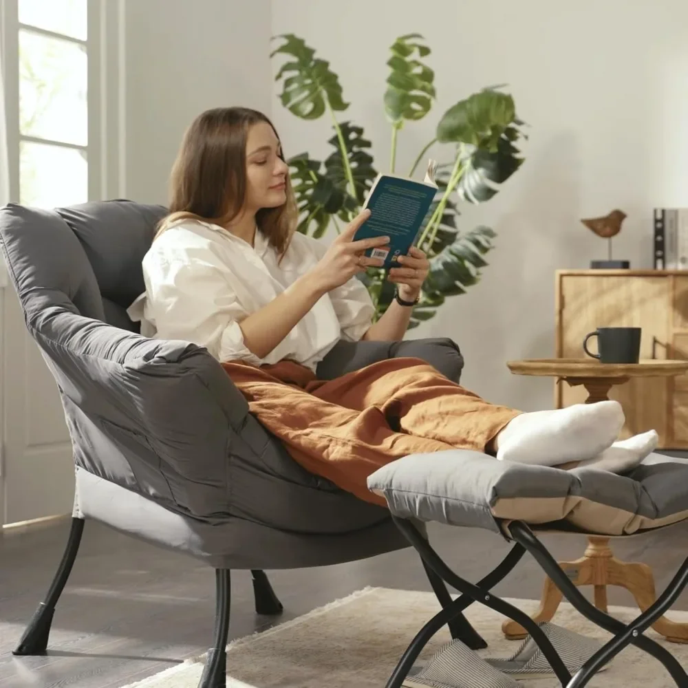 

Fabric Lazy Chair with Foldable Ottoman, Accent Comfy Lounge Arm Chair and Folding Footrest Stool Set, Leisure Sofa Reading Cha