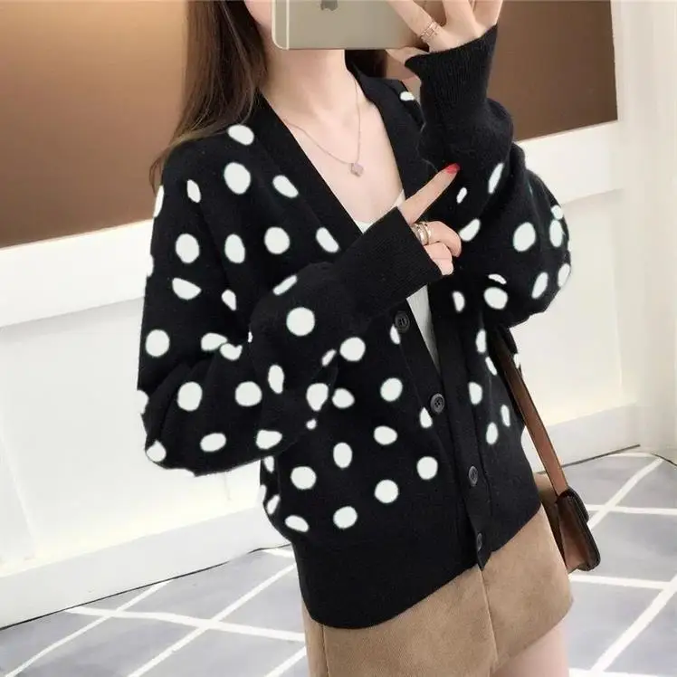 

2024 Women's Fashion Cardigan Sweater Polka Dot Loose and Lazy Style Outer Wear Sweater