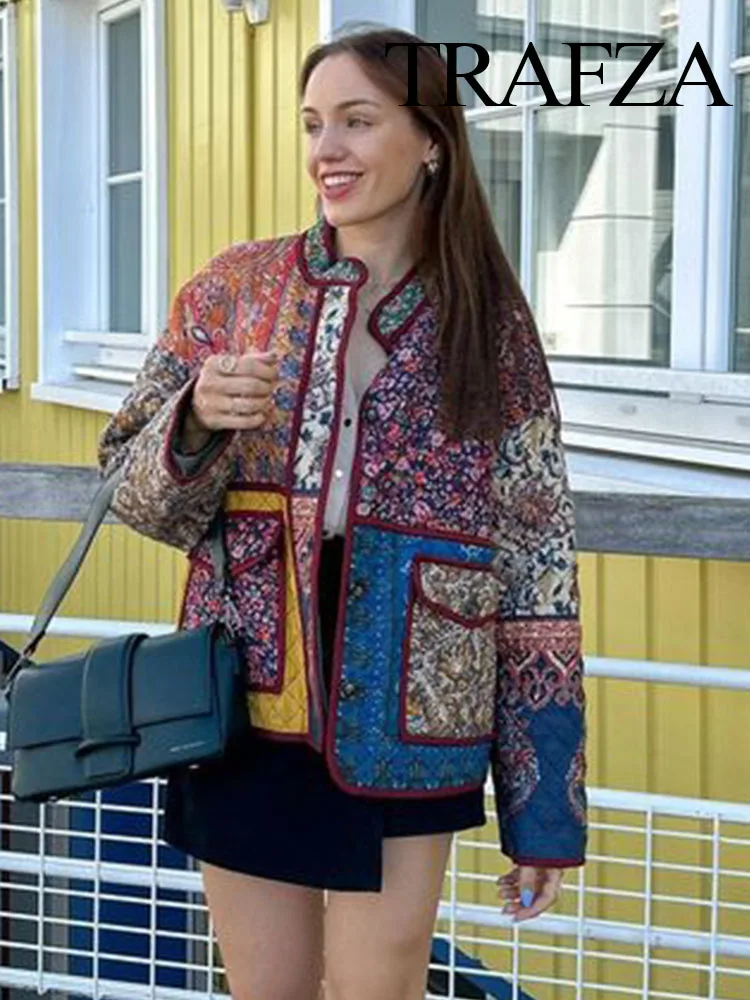 TRAFZA 2024 New Floral Printed Cotton Jacket For Women Long Sleeve Patchwork Pocket Contrasting Colors Button Ethnic Causal Coat