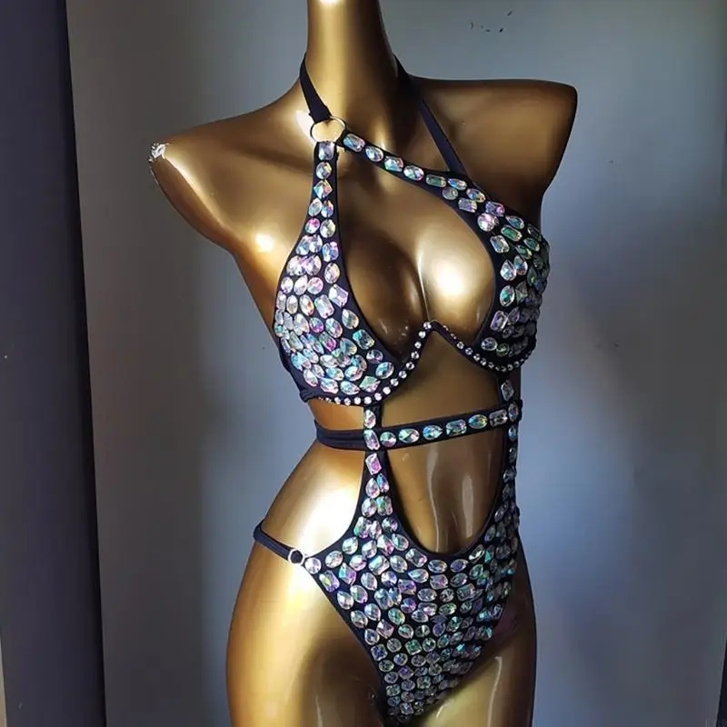 Rhinestones Bathing Suit for Women Cut Out Swimwear Backless Swimming Suit