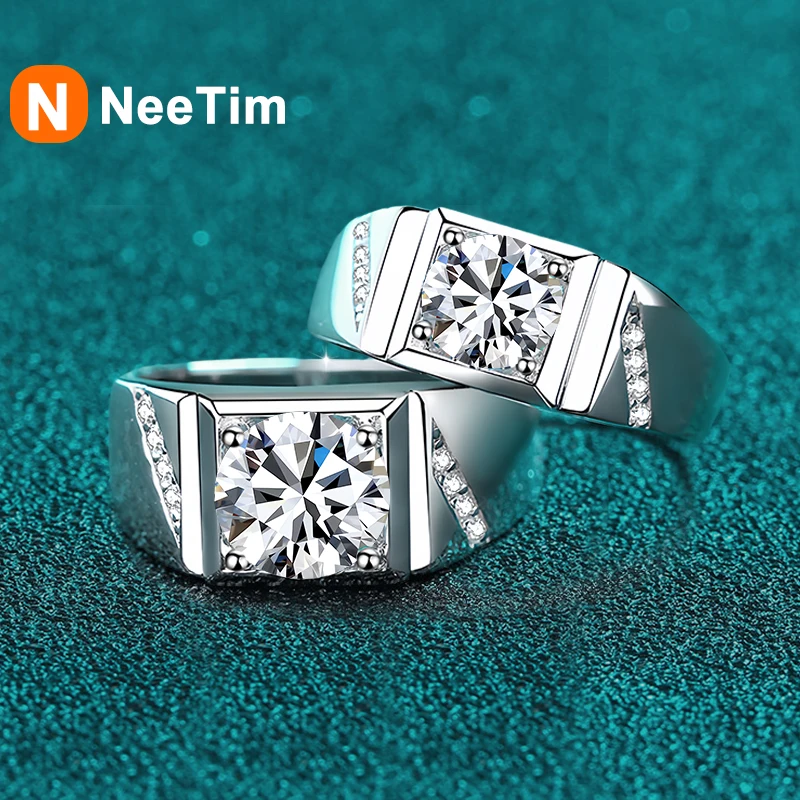 

NeeTim 1ct 2ct D VVS1 Moissanite Ring For Men 925 Sterling Silver with Gold Plated Engagement Wedding Band Lab Diamond Man Rings