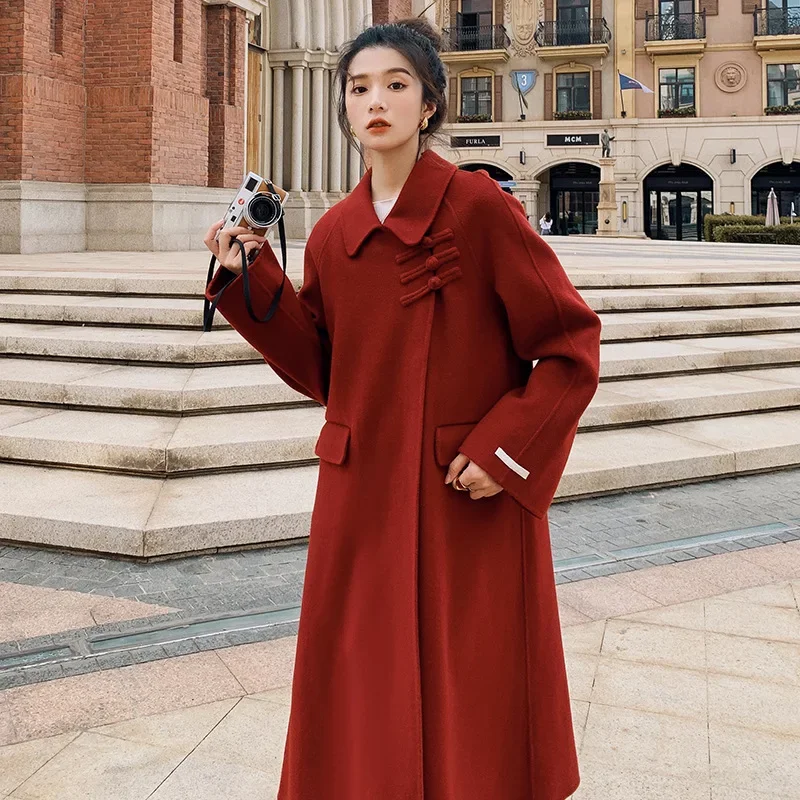 

Handmade red double-sided wool coat for women over the knee, buckle loose big hem long double-sided cashmere coat for women