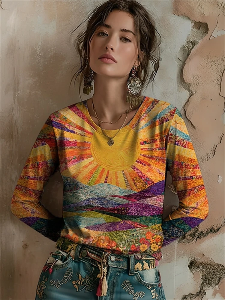 New Women's Autumn Long-Sleeve T-Shirt Stylish Colorful 3D Sun Print Crew Neck Loose Fit Trendy Street-Style Casual Top