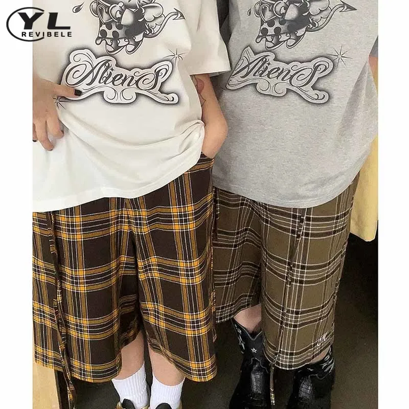 Vintage Lattice Suit Shorts Men Women Color Block Casual Straight Short Pant Harajuku Loose Wide Leg Cropped Pants Spring Summer