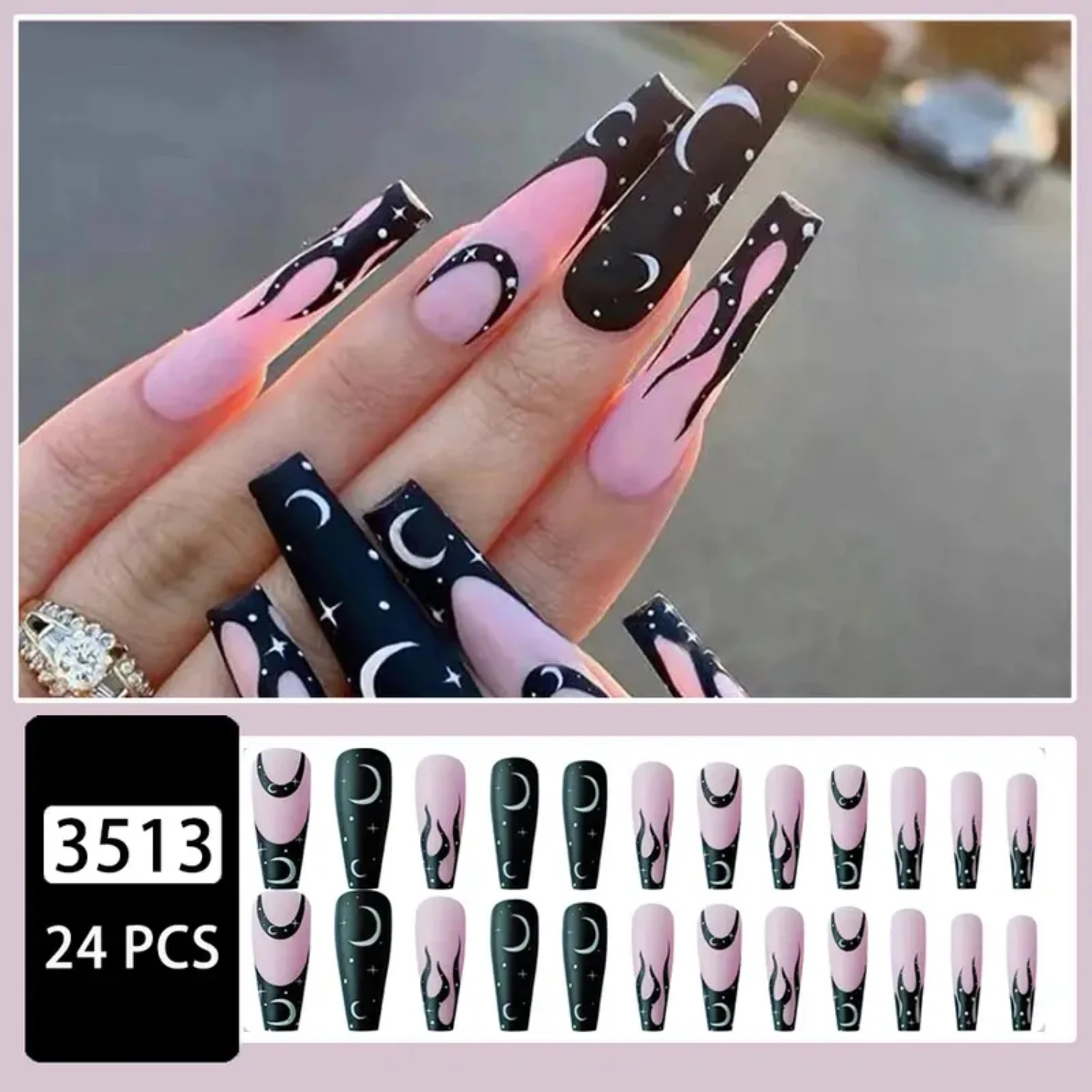 Long-lasting Night Sky Cosmos Star and Moon Design Press-On Manicure, Easy-to-Remove Fake Nail Patch