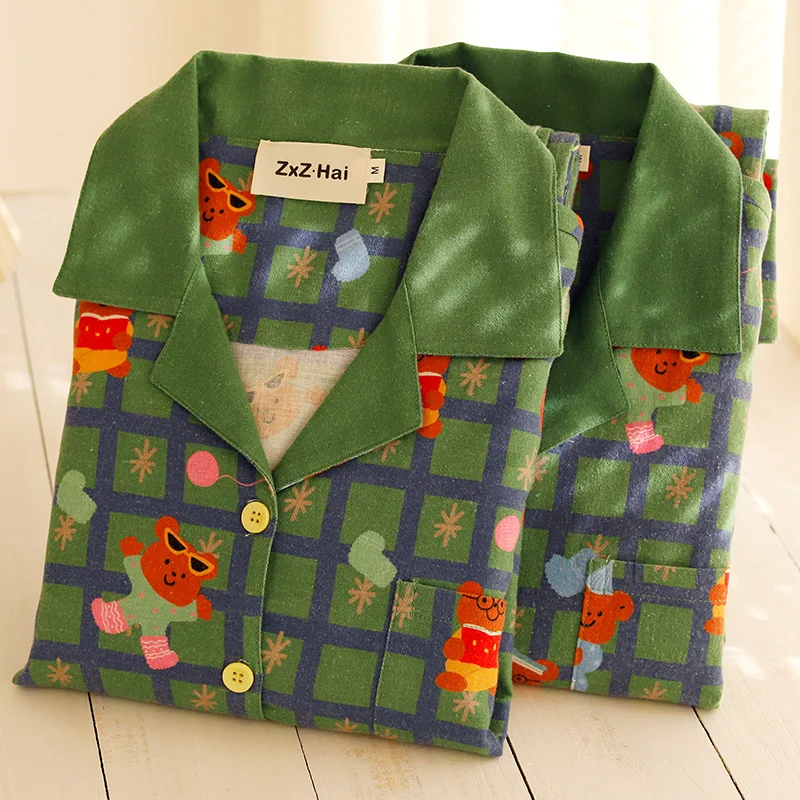 

High end sleepwear autumn and winter women's pure cotton brushed set winter Christmas teddy bear long sleeved home clothes