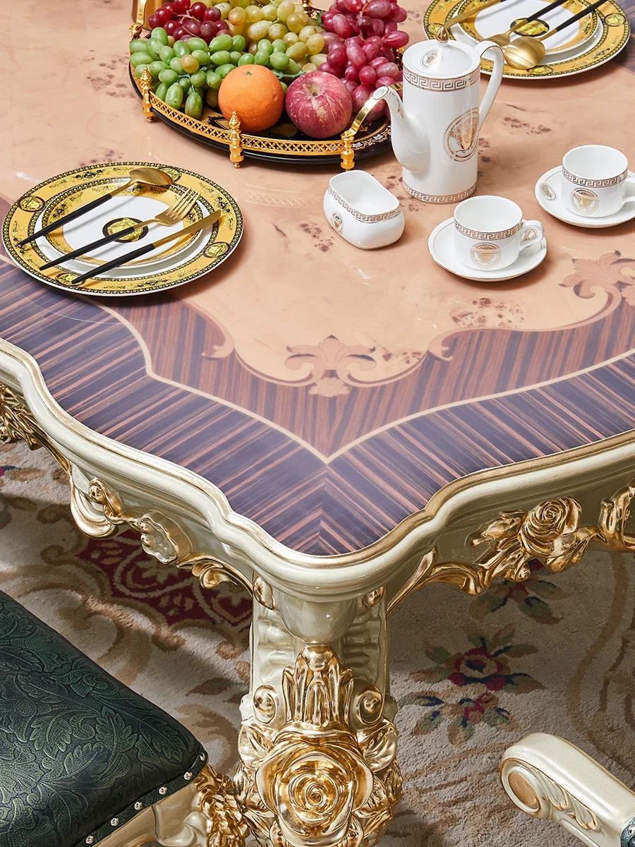 European style dining table,solid wood, tree nodules, parquet, wood surface, champagne, gold long stick, gold foil restaurant