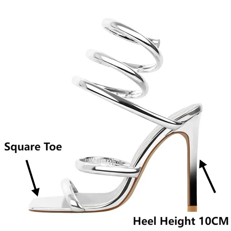 Onlymaker Women Square Toe Thin Heel Silver Square Toe Strap Stiletto Summer Sandals