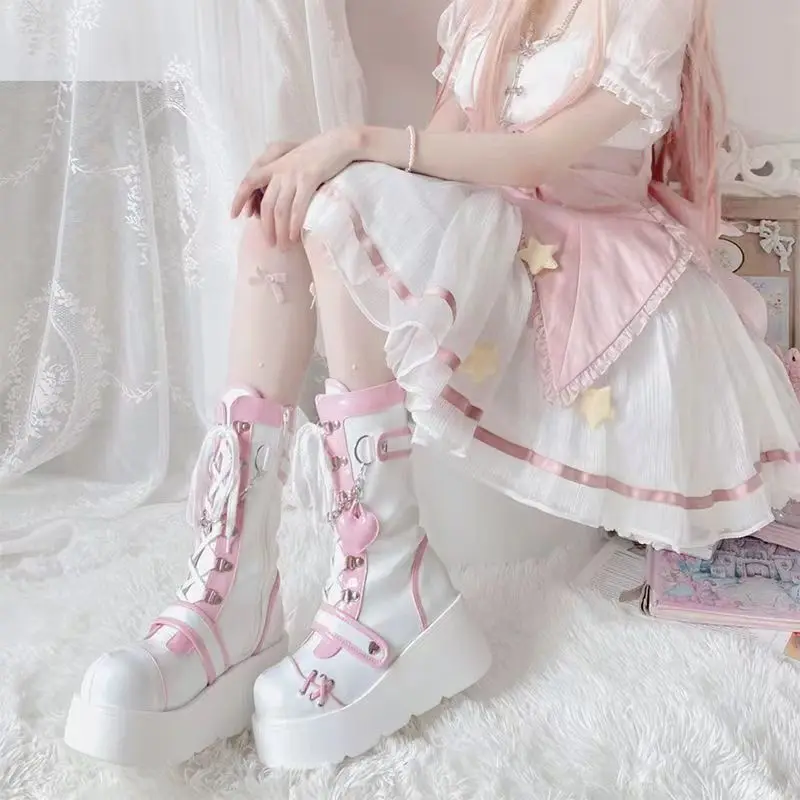 Lolita Shoes Boots Woman Winter 2023 Platform Heels Women\'s Mid Calf Booties Gothic Pink Kawaii Chain JK Cosplay Japanese Style