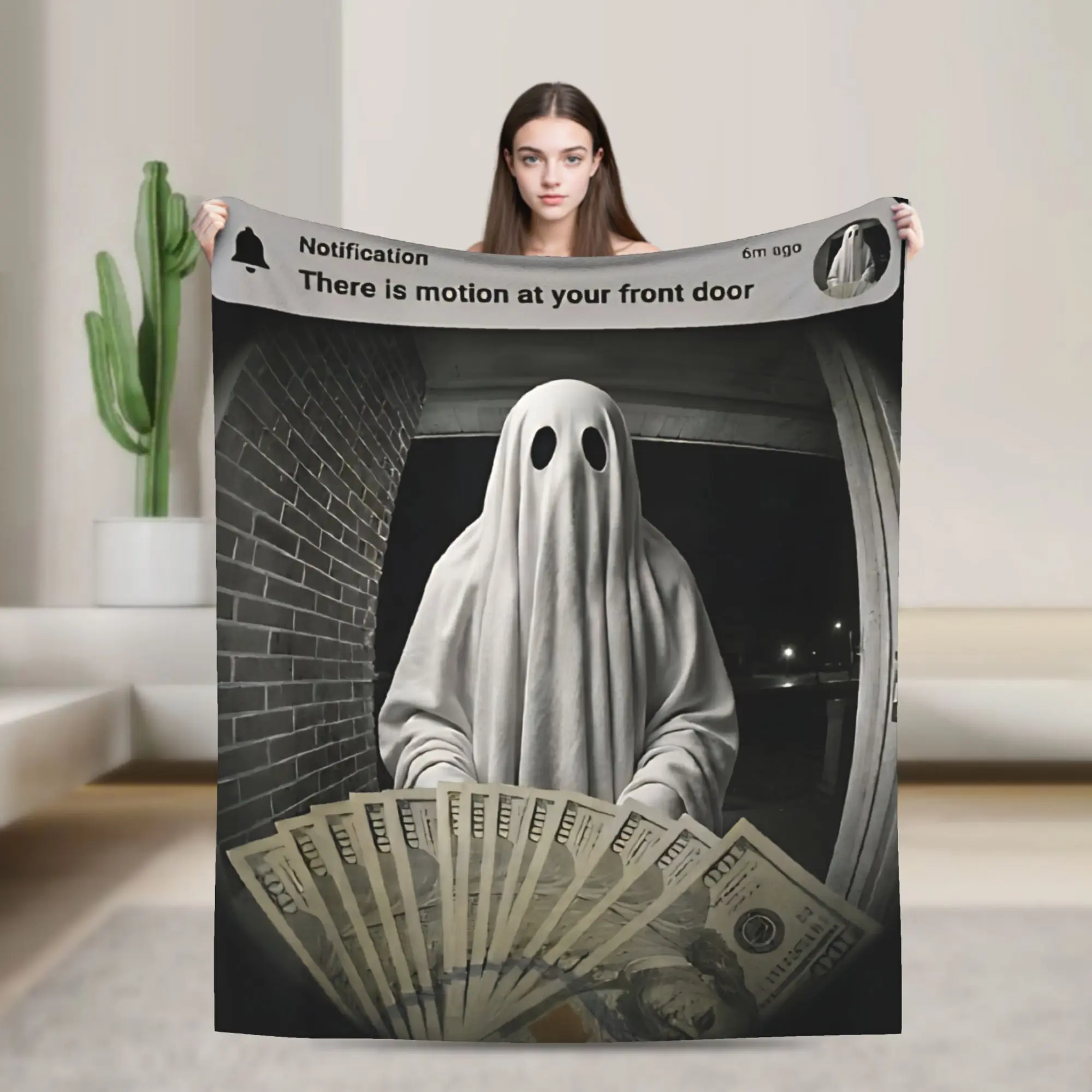 Spooky Ghost Motion Front Door Alert Humor Blanket Velvet  Relax Lightweight Thin Throw Blanket for Home Bedding Throws