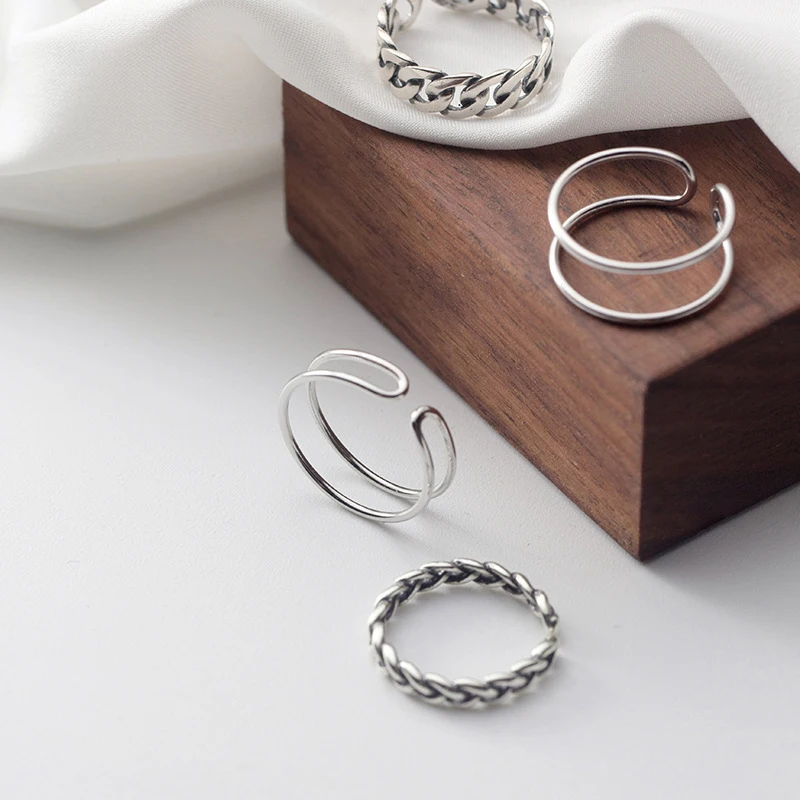 Modian 2 Different Style Sterling Silver 925 Ring for Women Gift Geomentric Thick Circle Chain Open Adjustable Ring Fine Jewelry