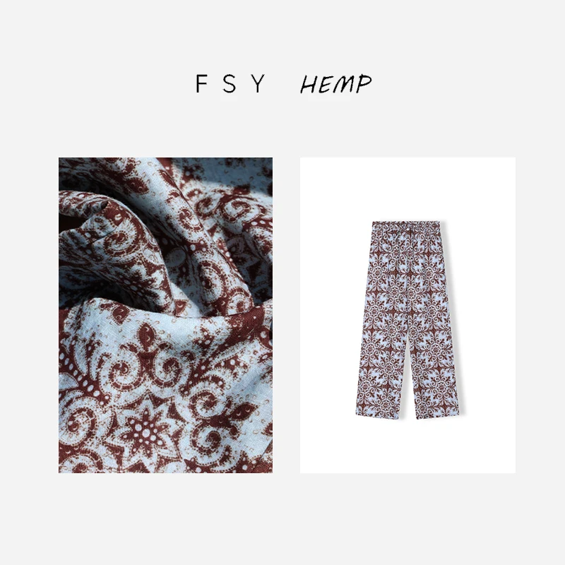 

High Waist Han Han Flax Casual Pants Women's Summer Vintage Walnut Flower Straight Leg Pants Comfortable Breathable Casual Tr...