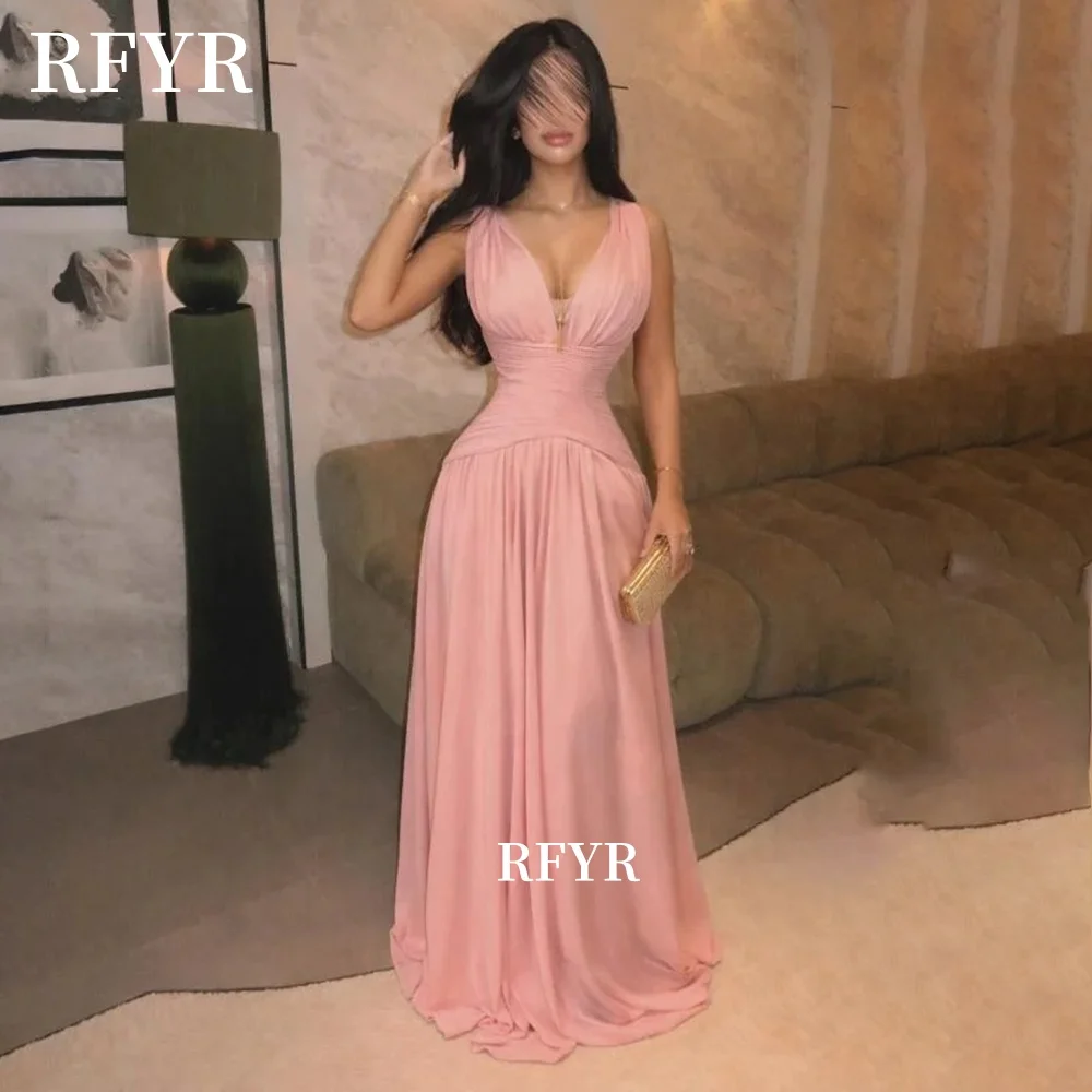 

RFYR Prom Dress with Pleats V Neck Party Dress Chiffon Evening Dress A Line Celebrity Gala Dress vestidos de fiesta Customized